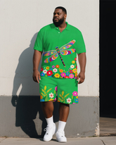 Big Men's Fantasia Cartoon Colorful Dragonfly in Flower Printed Short-Sleeve Polo Shirt & Shorts Set