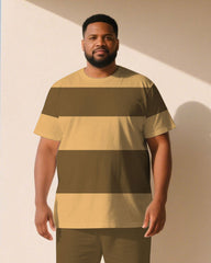 Big & Tall Men Khaki Thick Stripe Crewneck Short Sleeve T-Shirt Shorts Suit