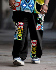Big & Tall Men's Street Fashion Wrestler Mask Print Hoodie Suit