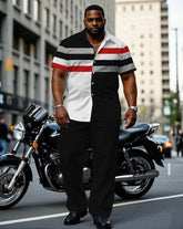Men's Plus Size Business Tone Geometric Stitching Short Sleeve Shirt Trousers Suit
