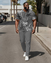 Men's Plus Size Grey Coconut Tree Print Henley Collar T-Shirt Trousers Suit