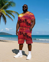 Big and Tall Men's Hawaiian Vibrant Sunset Coconut Trees Casual Printed Short Sleeve T-shirt and Shorts Set