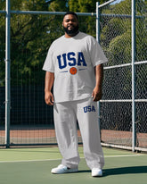 Big Men's Casual Simple USA Letter Basketball Printed Short Sleeve T-shirt Pants Set