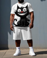Big & Tall Men's Simple Funny Black Cat Print Breathable Short-Sleeve T-shirt and Shorts Set