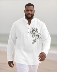 Big & Tall Men's Bamboo Hemp Texture Henry Collar Long Sleeve Shirt