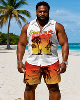 Men's Plus Size Hawaiian Chest Print Sun Sleeveless Vest Shirt Shorts Suit