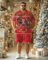 Men's Big & Tall Christmas Red Cartoon Funny Print Short Sleeve Shirt Shorts Set