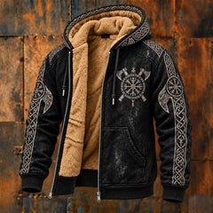 Men's Retro Viking Print Zipper Fleece Hooded Jacket