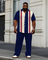 Men's Plus Size Business Sapphire Blue & Red Classic Color Stitching Short Sleeve Shirt Trousers Suit