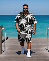 Big Men's Daily Casual Hawaii Theme Abstract Coconut Trees Printed Short Sleeve Shirt Shorts Set