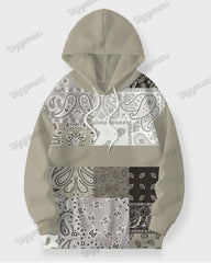 Men's Street Fashion Versatile Simple Paisley Patching Printed Plus Size Hoodie Set