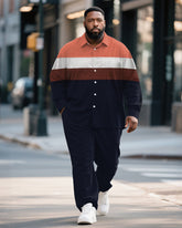 Big & Tall Men's Business Blue Colorblock Stripe Print Bamboo Hemp Texture Long Sleeve Shirt Trousers Suit