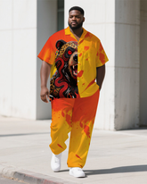 Men's Big Size Cartoon Savage Bear Splicing Style Fashion Short Sleeve Shirt Pants Set