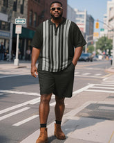 Men's Plus Size Business Black Stripe Print Short Sleeve Polo Shirt Shorts Suit