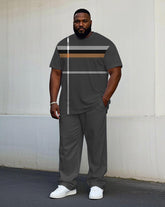 Men's Plus Size Black Gray Striped Stitching Printed Short Sleeve T-shirt Trousers Suit