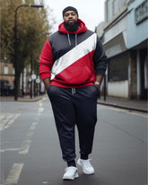 Men's Large Size Casual Color Blocked Long Sleeve Hoodie Sports Colorblock Two Piece Set