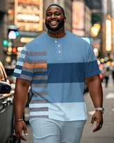 Men's Plus Size Daily Casual Blue Striped Colorblock Print Henry Collar Button Short Sleeve T-Shirt