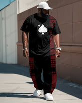 Big Guy’s Black And Red Poker Color Block Printed T-shirt Trousers Set