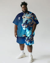 Men's Plus Size Street Blue Leopard Letter Print Short Sleeve T-Shirt Shorts Suit