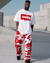 Plus Size 1 L-9L Men's Red And White Fashion Printed Casual Short-sleeved T-shirt Pants Suit