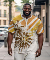 Men's Plus Size Daily Casual Yellow Striped Coconut Tree Print Henley Collar Button Short Sleeve T-Shirt