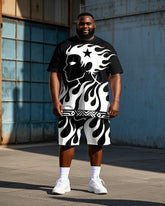 Big Men's Retro Side Face Silhouette Printed Street Fashion Short Sleeve T-Shirt Shorts Set