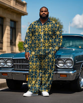 Men's Big & Tall Vintage Geometric Pattern Printed Casual Long Sleeve Shirt Pants Set