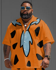 Big Men's Vintage Nostalgic Movie Orange Shirt Shorts 2-Piece Set