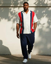 Big & Tall Men's Business Blue And Red Striped Print Short Sleeve Shirt Trousers Suit