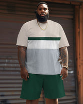 Casual Simple Strip Color Block Large Size Men's T-shirt Shorts Set