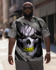 Big Men's Grey Skull Vikings Day Short Sleeve Crew Neck T-Shirt