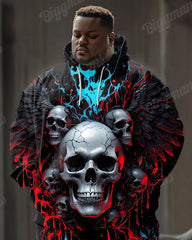 Men's Street Fashion Wings Skull Flowing Print Plus Size Hoodie Suit