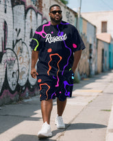 Men's Plus Size Irregular Graffiti Respect Letter Print Short Sleeve T-Shirt Shorts Suit