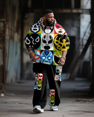 Big & Tall Men's Street Fashion Wrestler Mask Print Hoodie Suit