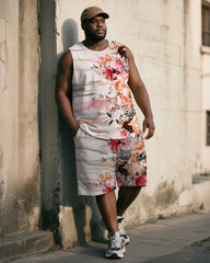 Big & Tall Men's White Vintage Striped Floral Print Tank Top Shorts Suit