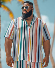 Men's Plus Size Hawaiian Color Stripe Print Shirt Shorts Suit