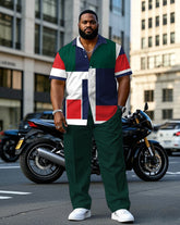 Men's Plus Size Green Multi-color Block Color Short-sleeved Shirt Pants Suit