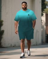 Big & Tall Men Dark Green & Fluorescent Blue Gradient Contrast Crewneck Short Sleeve T-shirt Shorts Suit