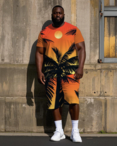 Big Men's Hawaiian Bright Sunset Coconut Trees Printed Casual Short Sleeve T-shirt Shorts Set