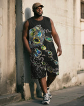 Big & Tall Men's Black Vintage Luxury Gemstone Chain Print Vest Shorts Suit