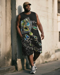 Big & Tall Men's Black Vintage Luxury Gemstone Chain Print Vest Shorts Suit