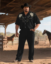 Western Denim-Men's Plus Size Simple Black Short Sleeve Shirt Pants Suit