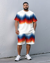 Big & Tall Men Summer White Rainbow Pattern Printed Round Neck Short Sleeve T-Shirt Shorts Suit