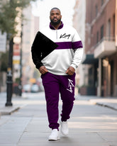 Big & Tall Men's King Colorblock Printed POLO Collar Zipper Long Sleeve Pants Two-Piece Set