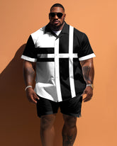 Big Men Simple Contrast Color Geometric Pattern Short Sleeve Shirt Shorts Set