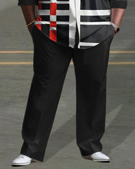 Men's Plus Size Red and White Lines Long Sleeve Lapel 2 Shirt Set