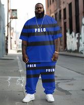 Men's Big & Tall Street Fashion POLO Letter Black Striped T-Shirt Trousers Set