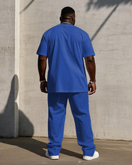 Men's Plus Size Blue & Black & White Colorblock Printed Chest Short-sleeved T-shirt Trousers Suit