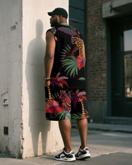 Big & Tall Men's Black Vintage Leopard Plant Print Vest Shorts Suit