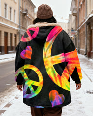 Women's Tie-Dye Love Peace Print Velvet Thickened Long Hooded Coat